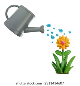 Watering can pours water on flower. 3d cartoon garden design composition in modern minimal style. Vector bright concept or illustration.