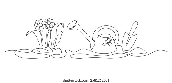 Watering can, scoop and flowers, drawn with continuous line in minimalism, abstract, concept of garden, watering plants, gardening tools, water vessel, one line, editable vector contour