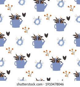 Watering can. Seamless pattern with cartoon watering can, flowers, decor elements on a white background. Vector illustration for baby design of fabric, print, textile.