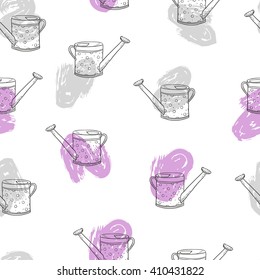 Watering can seamless pattern. Doodle vector background. 