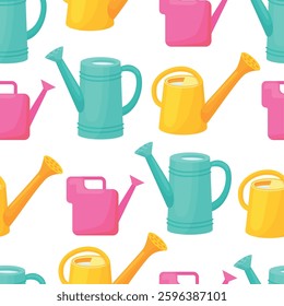 Watering can seamless pattern. Garden tools for plants care, planting equipment. Print design for fabric, wrapping wallpaper, neoteric vector background