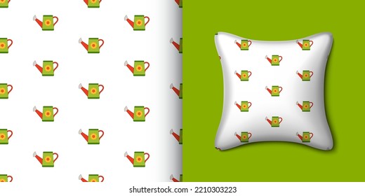 Watering can seamless pattern with pillow. Vector illustration