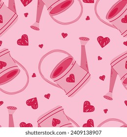 Watering can seamless pattern.  Repeated texture in doodle style for fabric, wrapping paper, wallpaper, tissue. Vector illustration.Gardening tools for working in the garden, on the farm, in the dacha