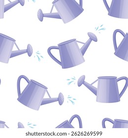 Watering can seamless pattern. Water drops and garden equipment. Gardening tool print design for fabric, wrapping, web, nowaday vector background