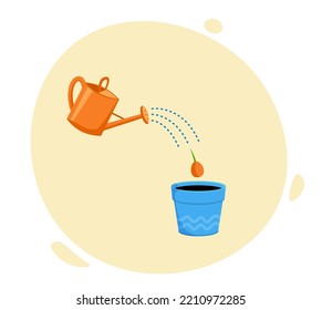 Watering can watering a seed  in a pot. Concept of plant growth or business. Vector illustration cartoon in circle.  flat style 