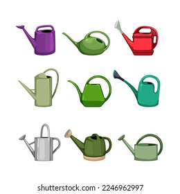 watering can set cartoon. gardening garden, metal green, agriculture plant, growth spring, spray watering can vector illustration