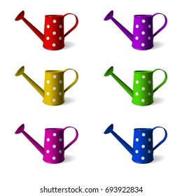 Watering can. Set of children's watering cans in different colors. Isolated objects. White background. Vector illustration.