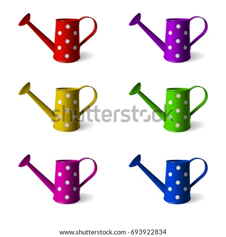 Watering can. Set of children's watering cans in different colors. Isolated objects. White background. Vector illustration.