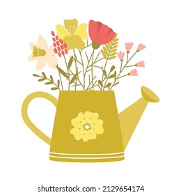 Watering can with simple spring flowers, twigs, herbs. Cute decorative element in cartoon style for Easter and Spring greeting cards. Color vector illustration isolated on a white background.