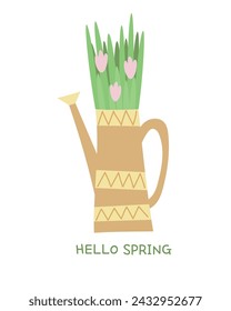 Watering can with a spring bouquet. Pink tulips and greenery. Isolated vector illustration for your design