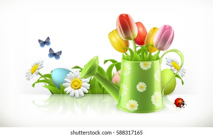 Watering can and spring flowers, 3d vector banner
