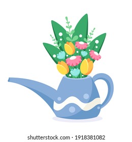 La lata de agua con flores de primavera. Hola primavera. Ilustración del vector