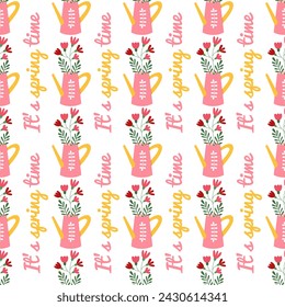 Watering can with spring flowers seamless pattern. It's spring time inscription. Gardening. Colorful hand drawn backdrop. Banner, background, wrapping paper, digital paper.