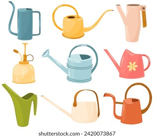 Watering Can Spring Set. Gardening equipment, care of plants and flowers.  Flat cartoon vector illustration.