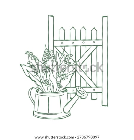 A watering can with spring wildflowers and a garden gate. Illustration of a garden composition. A watering can with a bouquet of flowers. Hyacinths. Green outline vector illustration.