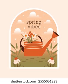Watering can standing on grass with flowers, plants. Vector isolated illustration in window frame with rural scene, meadow, hill, text "Spring Vibes". Cute naive clip art. Springtime concept. 