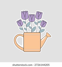 Watering can sticker. A vector illustration of a watering can holding purple tulips, perfect for gardening themes, spring projects, and floral designs