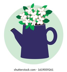 Watering can or teapot as a vase with white flowers on a farm or in a village. Flat vector stock illustration as logo isolated on white background for design. Gardening or farming concept