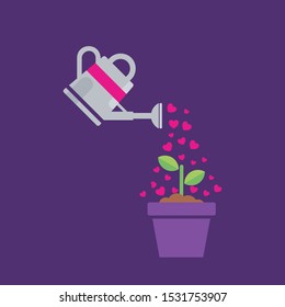 Watering can that throws small hearts to a plant in a flowerpot, vector