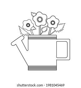 Watering can with three poppy flowers isolated on white background. Vector illustration doodle outline