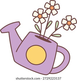 Watering can tilted with three daisy flowers and leaves, outlined in bold lines. Symbol of gardening, growth, care, nature, and springtime joy. Cartoon vector illustration.