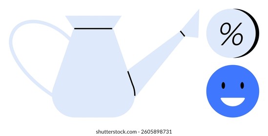 Watering can and two circles, one with a percentage symbol and one with a smiling face. Ideal for concepts of growth, nurturing, emotional well-being, motivation, success, positivity, financial