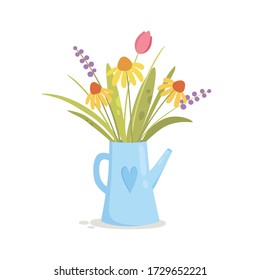 Watering can vase with flowers concept background. Cartoon illustration of watering can vase with flowers vector concept background for web design