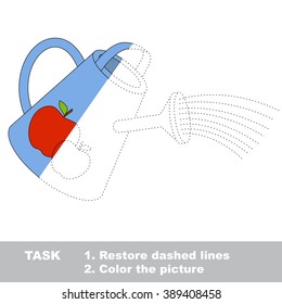 Watering can in vector colorful to be traced. Restore dashed line and color the picture. Visual game for children. Worksheet to be colored.