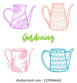 Watering Can Vector Doodle Illustration. Gardening and Watering Objects. Summer and Autumn Hand Drawn Illustration.