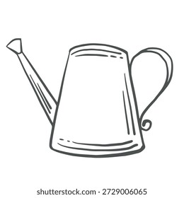 Watering can vector graphic illustration of garden supplies. Isolated hand drawn gardening subject. Vessel for garden plant. Black and white doodle clipart for farmhouse rustic decor, card, sticker.