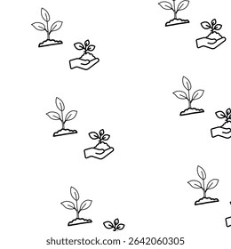 Watering can vector icon with flowing water stream and pile of earth and tools for digging, graphic illustration. background. Seamless pattern. Organic leaves cartoon background, simple nature shapes 
