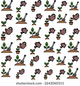 Watering can vector icon with flowing water stream and pile of earth and tools for digging, graphic illustration. background. Seamless pattern. Organic leaves cartoon background
