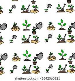Watering can vector icon with flowing water stream and pile of earth and tools for digging, graphic illustration. background. Seamless pattern. Organic leaves cartoon background, simple nature shapes 