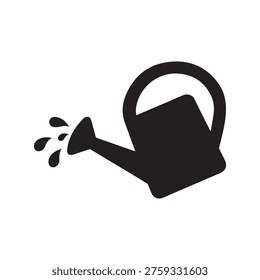 Watering can vector icon with water droplets, minimalist flat design for gardening and plant care isolated on white background.