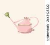 Watering Can Vector Illustration. Cute pink garden tool for watering plants and flowers. Flat design graphic for gardening, nature, and houseplant care concepts