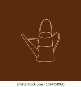 watering can vector illustration isolated on brown background. vintage gardening tool. brown outline, hand drawn vector. doodle for wallpaper, cover, poster, banner, sticker, clipart.