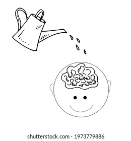 A watering can water the human brain. Vector illustration, linear drawing.
