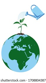 Watering can water the plant. World Environment Day. vector illustration