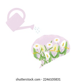 A watering can waters the brain from which flowers grow. The concept of psychological help and therapy, mental health care. Metaphorical vector illustration.