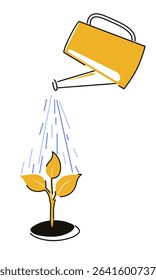 A watering can waters a flower sprout. Silhouette and line.
