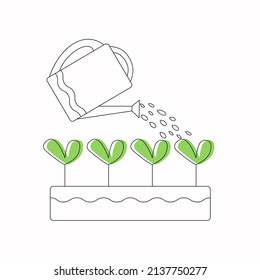 The watering can waters the plants. Floristry and gardening. The concept of gardening, floriculture. Drawings, vector illustration.