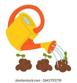 watering can waters plants planted in a row. Gardening equipment. Flat color illustration. Planting, seasonal work. Suitable for garden themes, planting, gardening, manual labor, seasonal work.