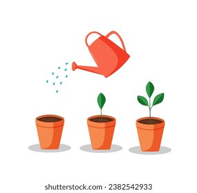 A watering can waters a potted plant. Vector illustration of watering seedlings, home flowers.