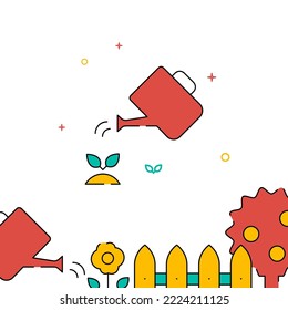 A watering can waters a sprout filled line vector icon, simple illustration, related bottom border.