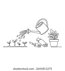 Watering can waters sprouts and potted plant isolated on white background