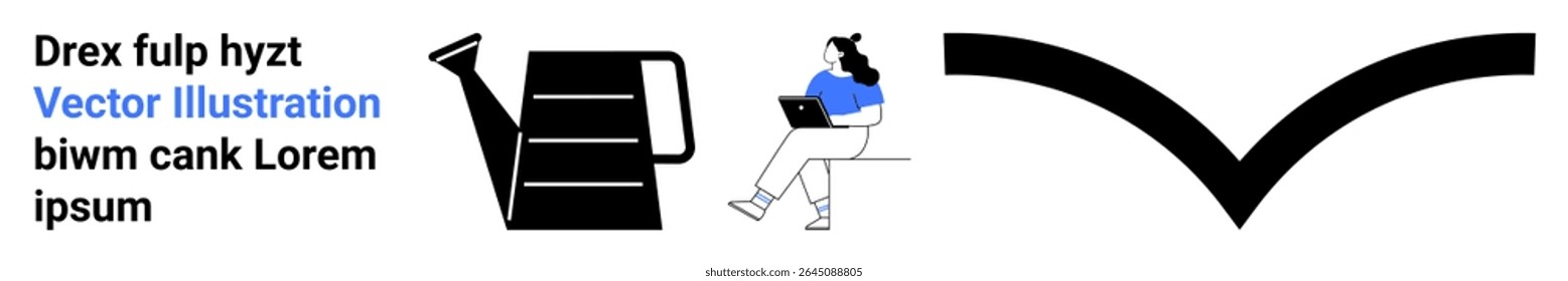 Lata de água, mulher trabalhando em um laptop com xícara de café, chevron seta para baixo. Ideal para tecnologia, trabalho, trabalho remoto, trabalho em casa, negócios, multitarefas, produtividade. Página inicial