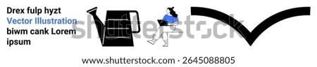 Watering can, woman working on a laptop with coffee cup, chevron down arrow. Ideal for technology, job, remote work, telecommuting, business, multitasking, productivity. Landing page
