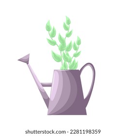 Watering cans with a branch of leaves. Gardeners taking care of the garden, growing and studying plants in nature. Can be used for many purposes. Vector illustration.