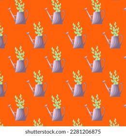 Watering cans with a branch of leaves pattern. Gardeners taking care of the garden, growing and studying plants in nature. Can be used for many purposes. Vector illustration.