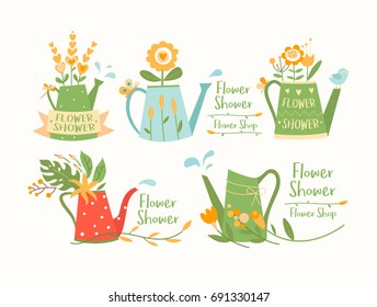 Watering cans, pots set, flower shop logotypes vector templates, logo design